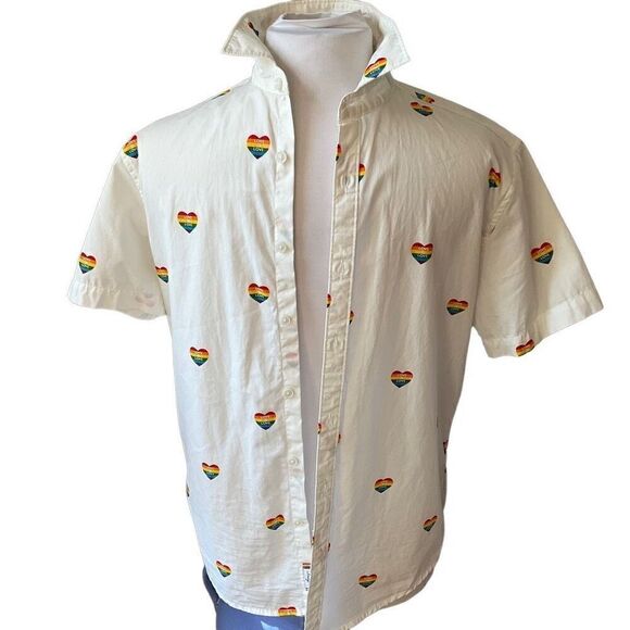 Mens Denim and Flower Rainbow Heart Button Up, Small. Slim fit. Pride! - Picture 3 of 14